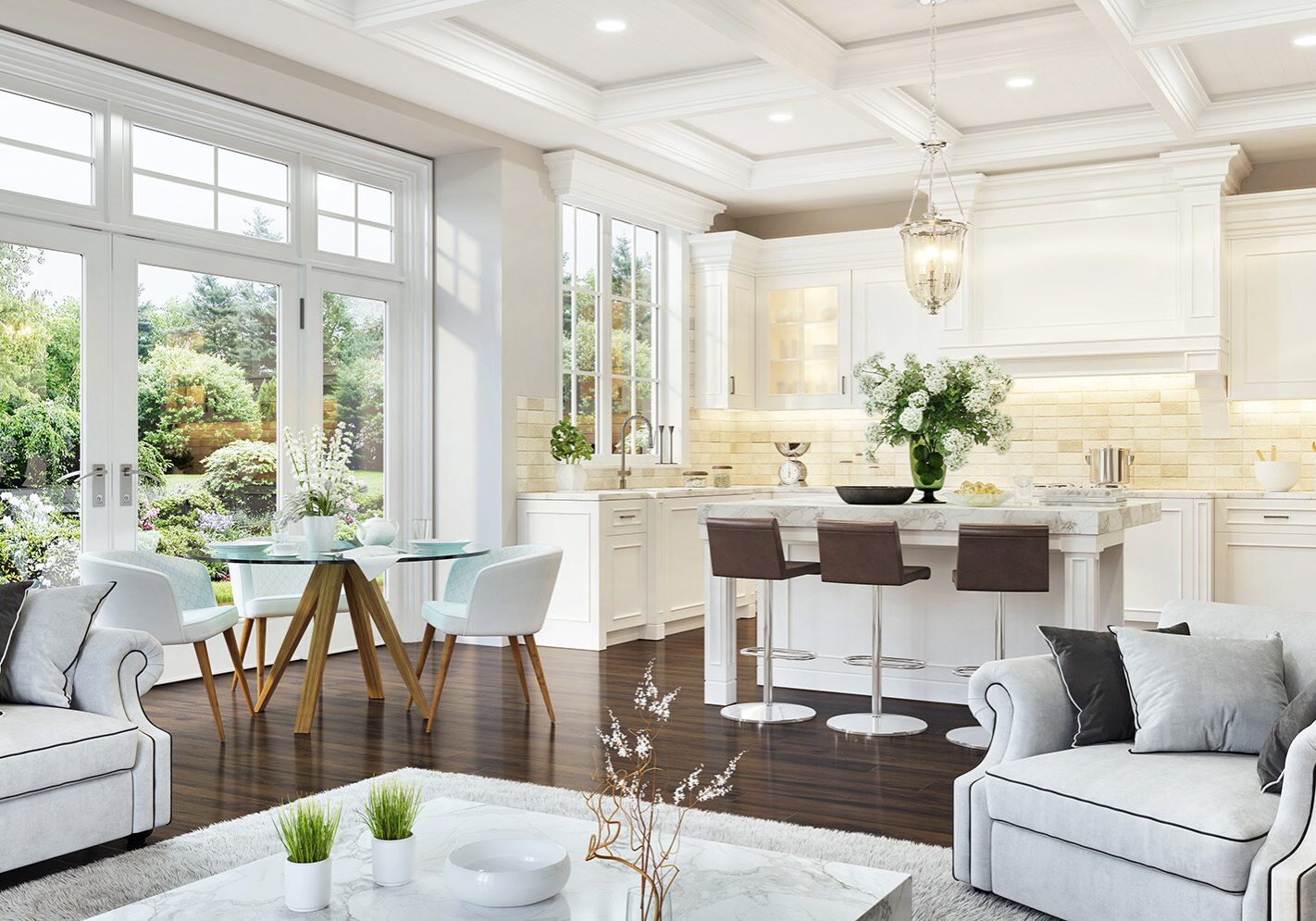 Luxurious white kitchen and living room in a big house